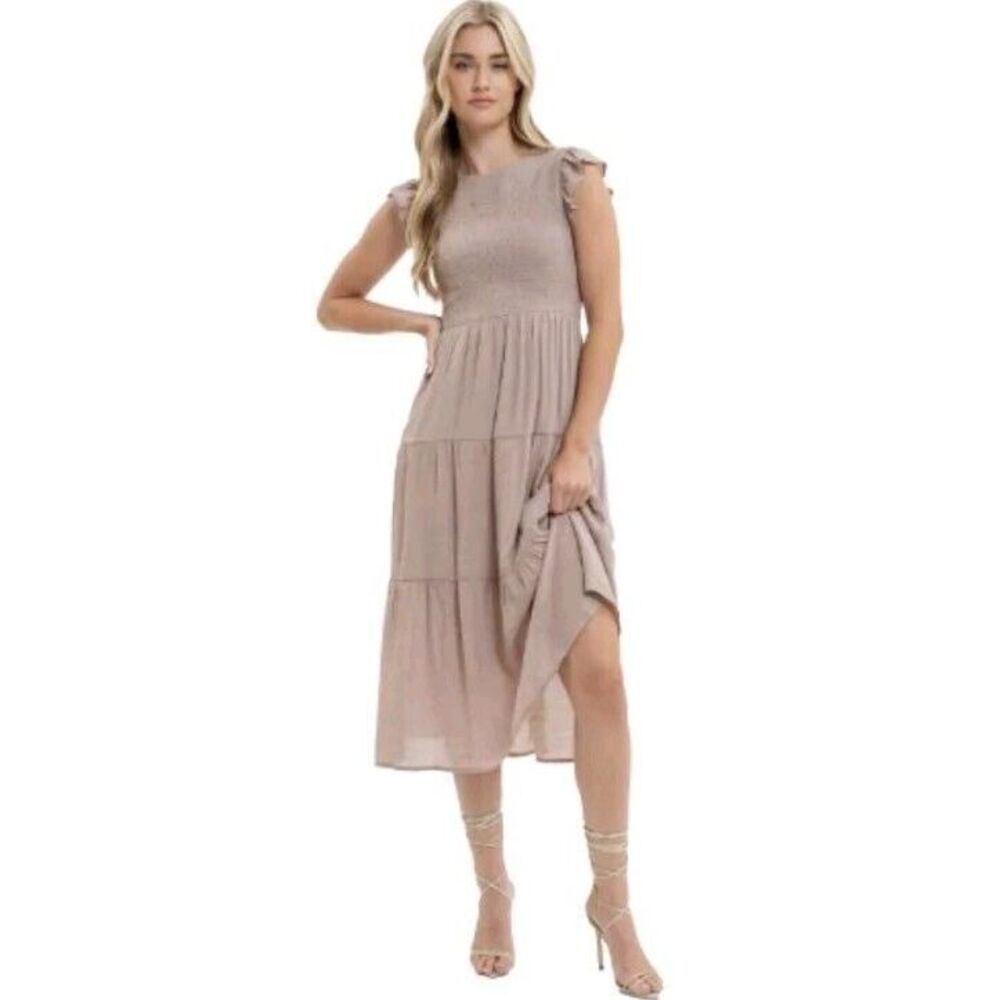Blu Pepper Women's Smocked Ruffle Sleeve Tiered Lined Midi Dress Tan Size M NWT